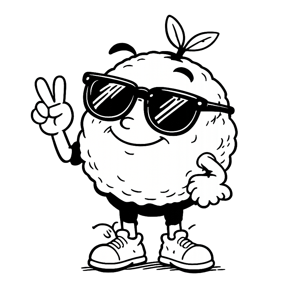 Cartoon character with sunglasses and a peace sign on a white background