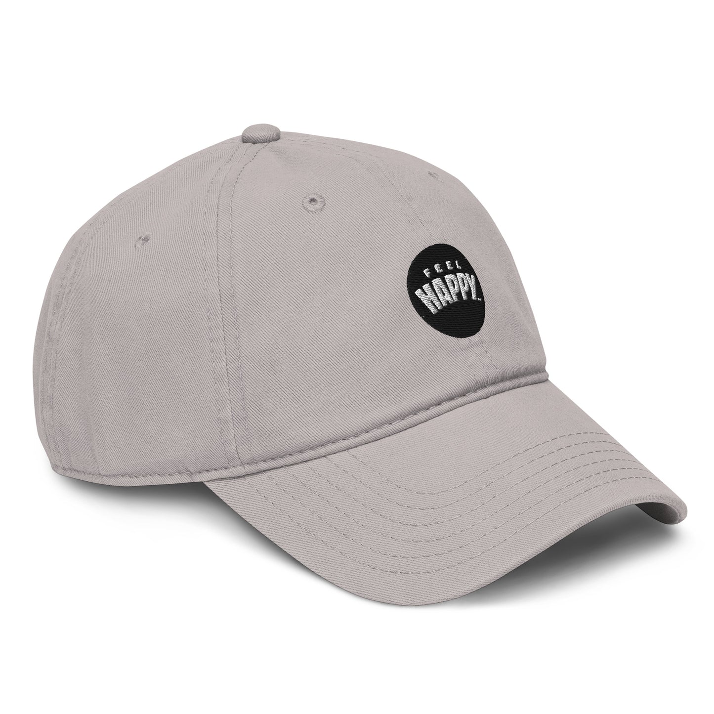 Feel Happy Dad Hat — stone gray structured dad hat with embroidered Feel Happy circle badge (view 4)