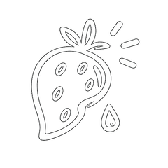 Black and white line drawing of a strawberry slice with a drop on a white background