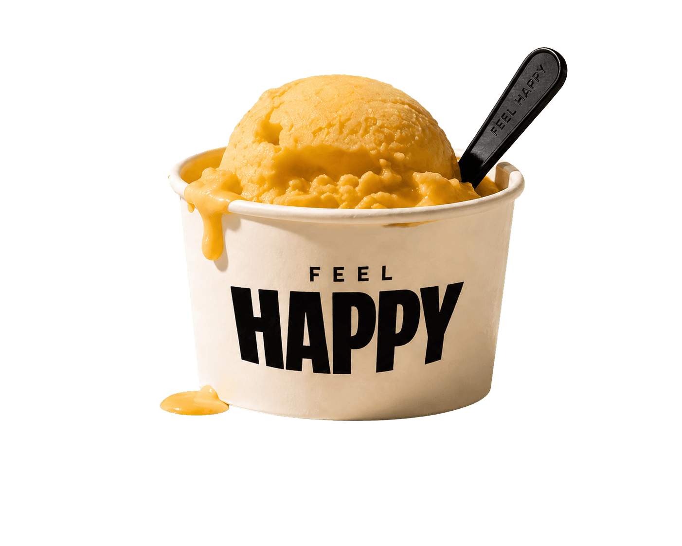 A scoop of mango frozen dessert with a Feel Happy cup