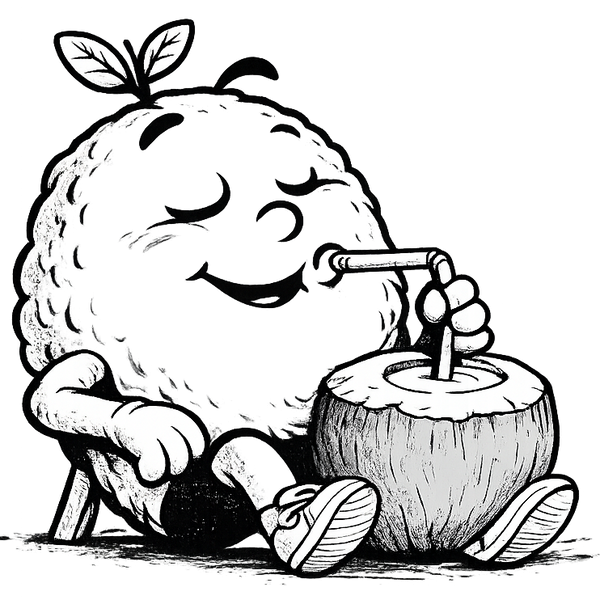 Cartoon character of a coconut drinking from a coconut with a straw on a white background