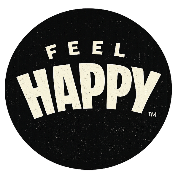 Black circular sticker with 'FEEL HAPPY' text on a white background