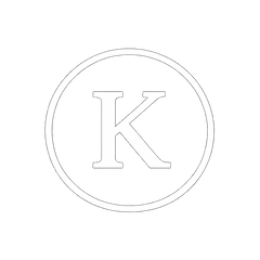 White circular logo with a letter 'K' in the center on a white background