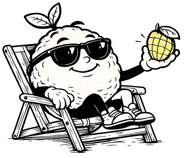 Cartoon character relaxing on a beach chair with sunglasses and a cocktail, on a white background.