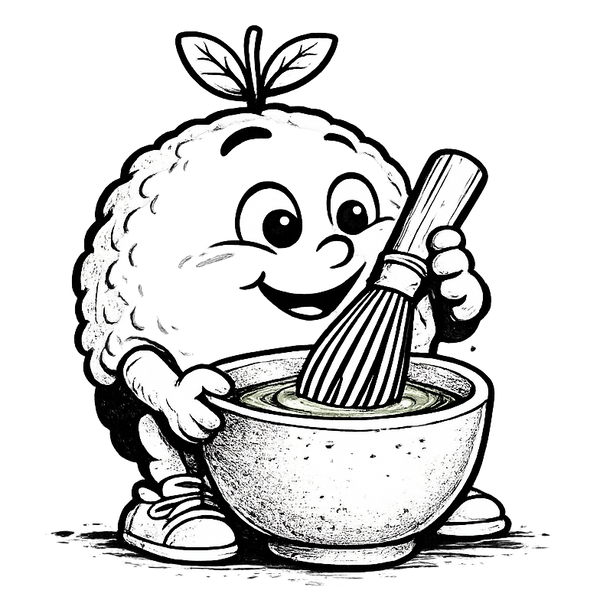 Cartoon character of a fluffy creature mixing ingredients in a bowl with a whisk.