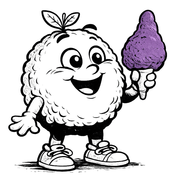 Cartoon character holding a purple vegetable on a white background