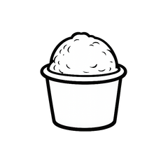 Black and white line drawing of a cup with ice cream on a white background