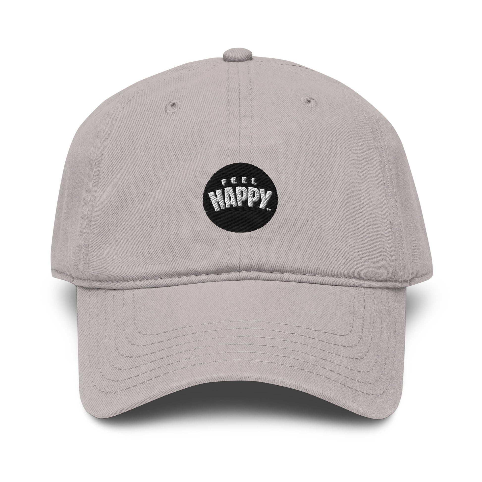 Feel Happy Dad Hat — stone gray structured dad hat with embroidered Feel Happy circle badge (view 1)