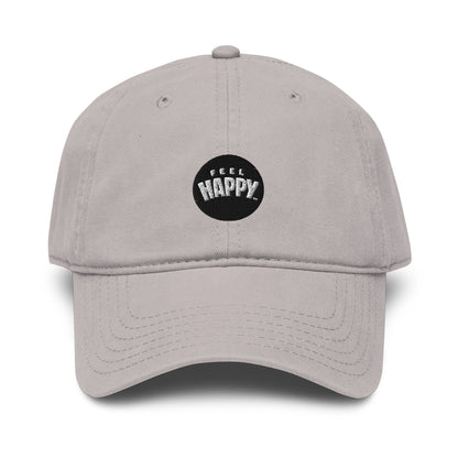 Feel Happy Dad Hat — stone gray structured dad hat with embroidered Feel Happy circle badge (view 1)