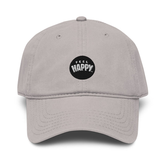 Feel Happy Dad Hat — stone gray structured dad hat with embroidered Feel Happy circle badge (view 1)
