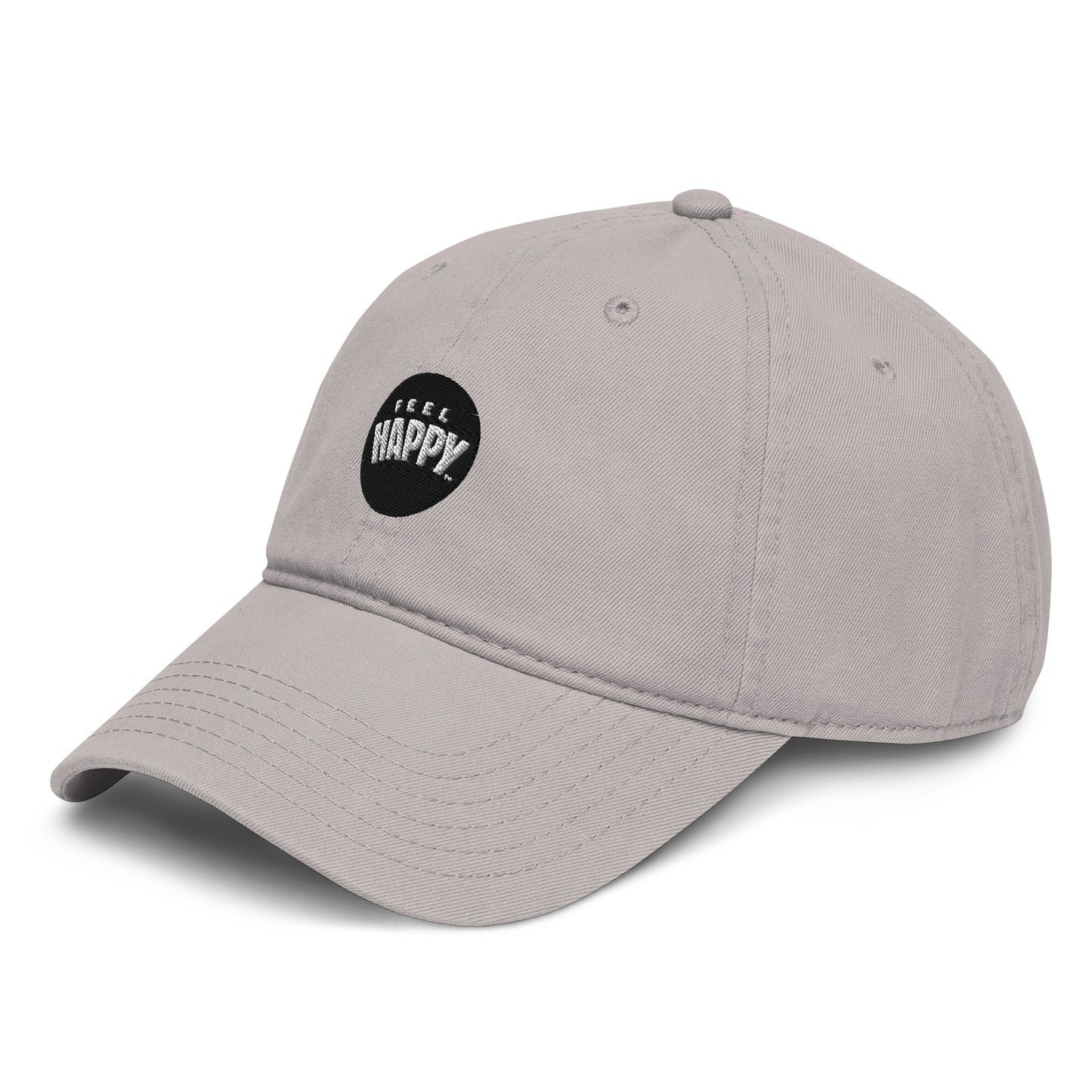 Feel Happy Dad Hat — stone gray structured dad hat with embroidered Feel Happy circle badge (view 3)