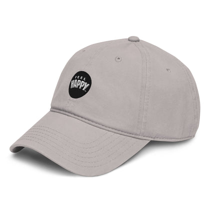 Feel Happy Dad Hat — stone gray structured dad hat with embroidered Feel Happy circle badge (view 3)