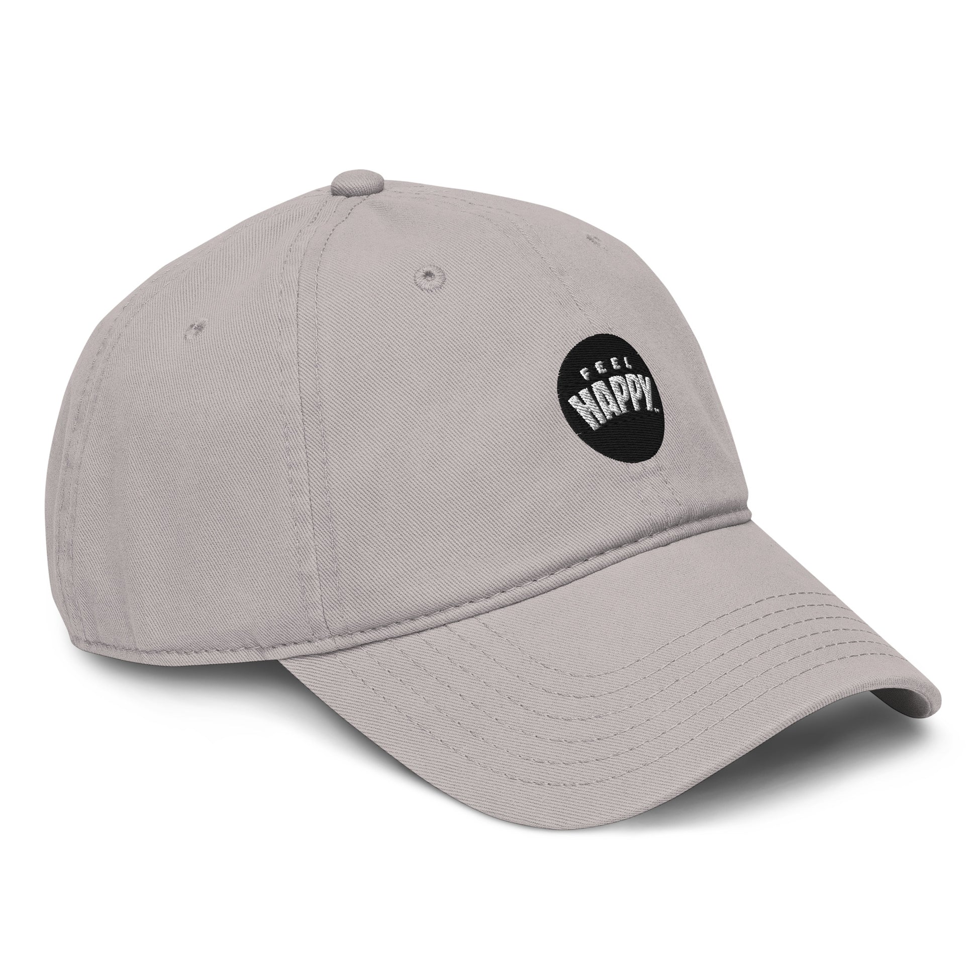Feel Happy Dad Hat — stone gray structured dad hat with embroidered Feel Happy circle badge (view 4)