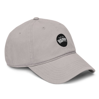 Feel Happy Dad Hat — stone gray structured dad hat with embroidered Feel Happy circle badge (view 4)