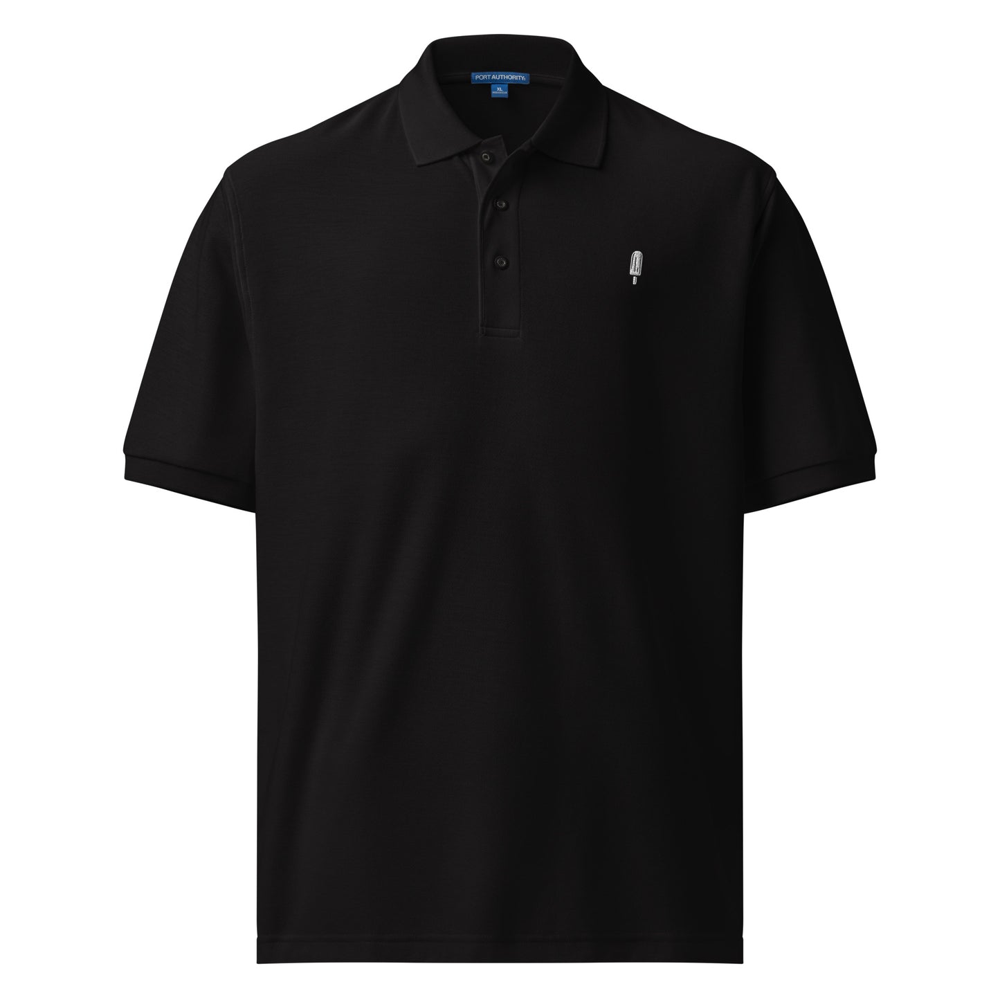 Feel Happy Polo — black pique polo with white popsicle embroidery on the left chest (view 1)